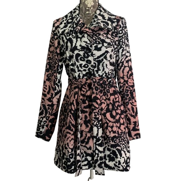 GRASS COLLECTION Pink Cheetah Mid-Length Belted Trench Coat Womens SZ M - Picture 2 of 8